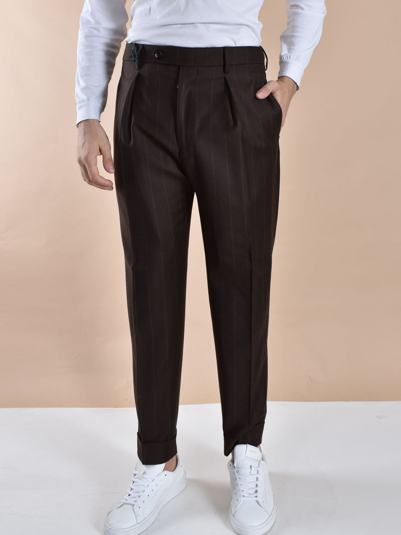 Pantalone Berwich gessato chiaia marrone risvolti corto 