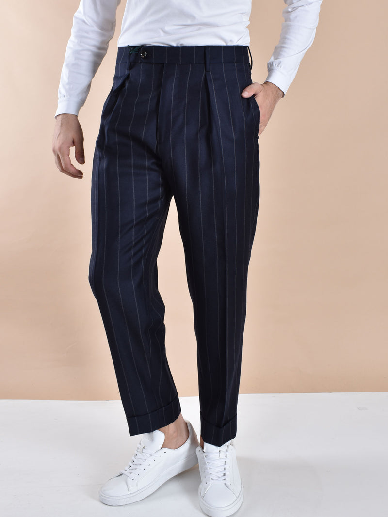 Pantalone Berwich gessato chiaia blu risvolti corto 