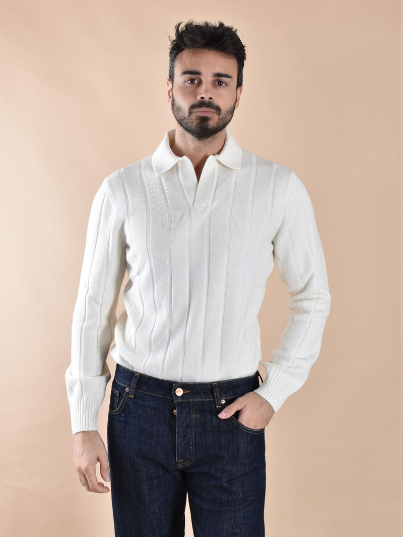 Polo Gran Sasso scollo V bianco cashmere lana 