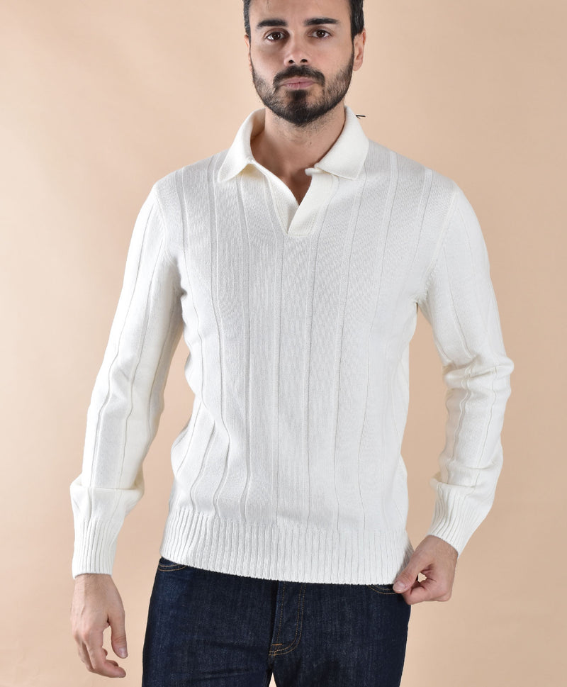 Polo Gran Sasso scollo V bianco cashmere lana 