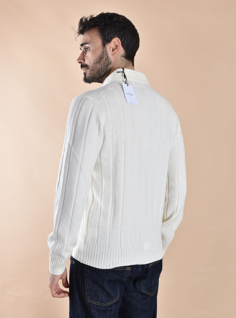 Polo Gran Sasso scollo V bianco cashmere lana 