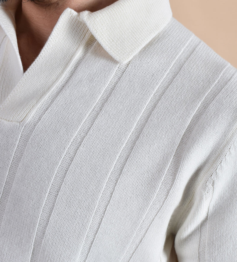 Polo Gran Sasso scollo V bianco cashmere lana 