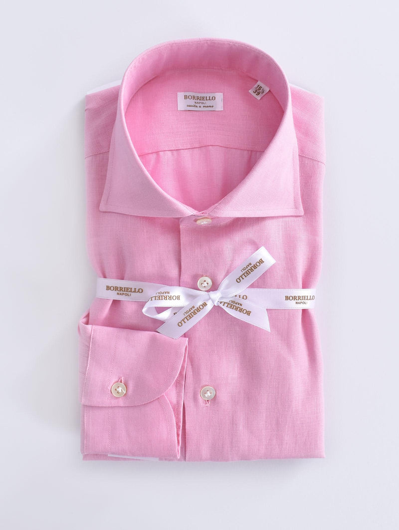 Camicia Borriello lino rosa marechiaro cucita a mano 