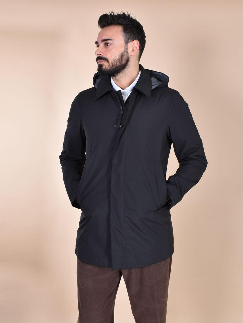 Spolverino People of Shibuya cappotto Takuya nero cappuccio PM773999 People of Shibuya