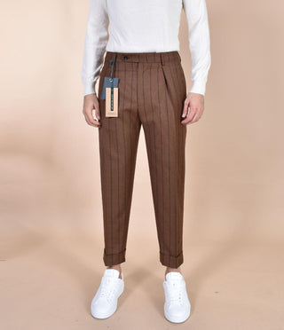 Pantalone Berwich gessato chiaia marrone tabacco risvolti corto AN127701 BERWICH