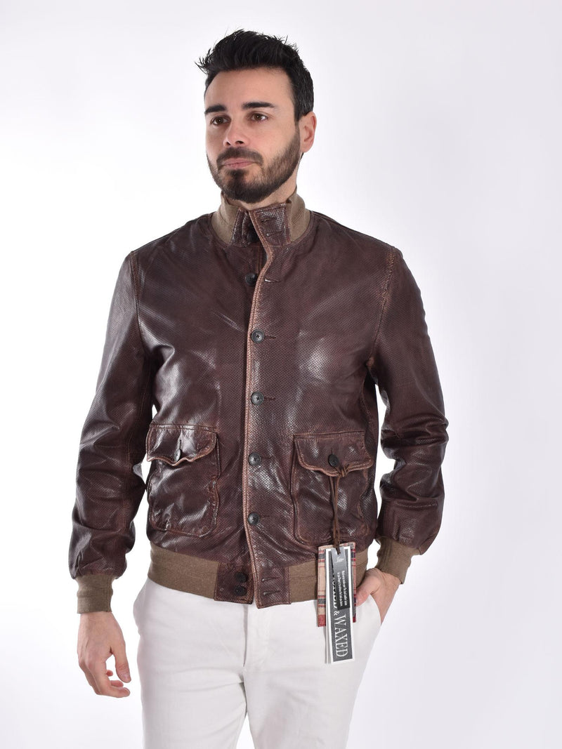 Giubbino Jack Leathers marrone forato pelle 