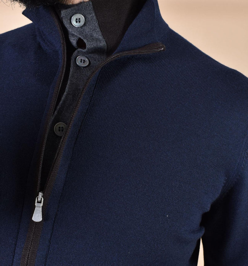 Maglia Gran Sasso cardigan giubbino collo alto blu extrafine merinos 57142 14223598 GRAN SASSO