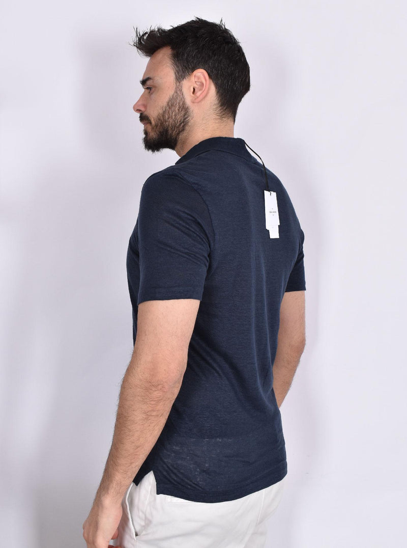 Polo Gran Sasso scollo V lino blu 