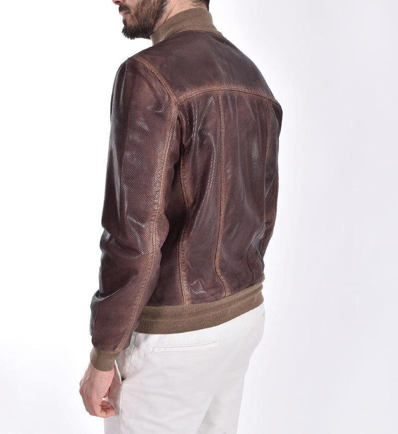 Giubbino Jack Leathers marrone forato pelle 