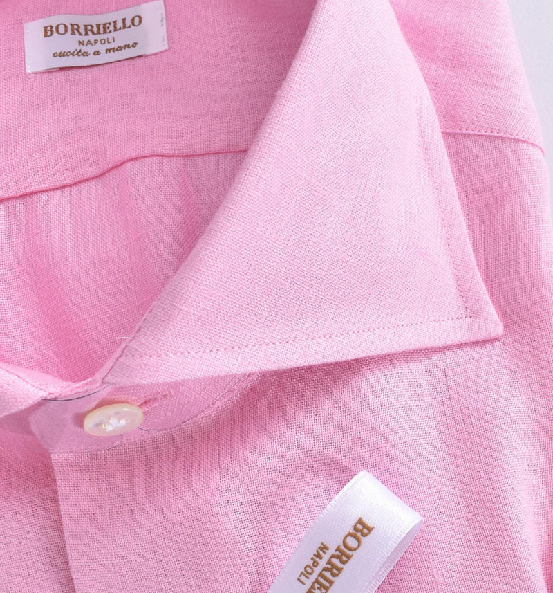 Camicia Borriello lino rosa marechiaro cucita a mano 