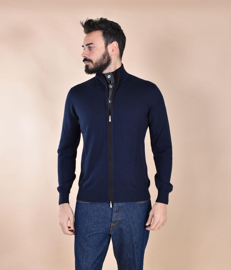 Maglia Gran Sasso cardigan giubbino collo alto blu extrafine merinos 57142 14223598 GRAN SASSO