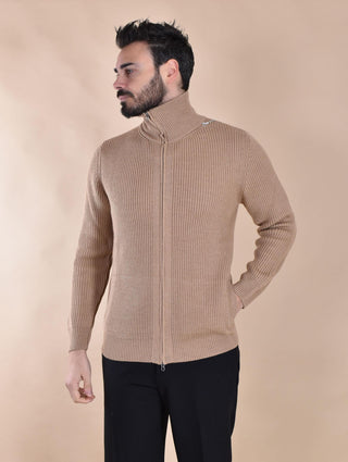 Cardigan collo alto Luigi Gentile zip inglese tasche cammello 118511 LUIGI GENTILE