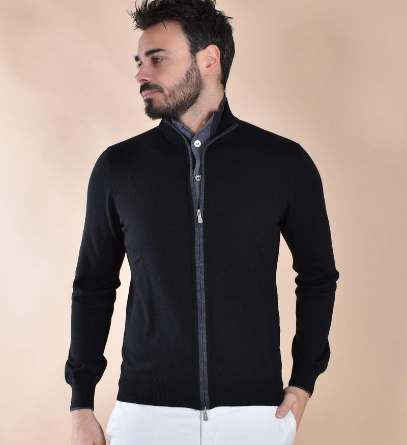 Maglia Gran Sasso cardigan giubbino collo alto nero extrafine merinos 57142 14223099 GRAN SASSO