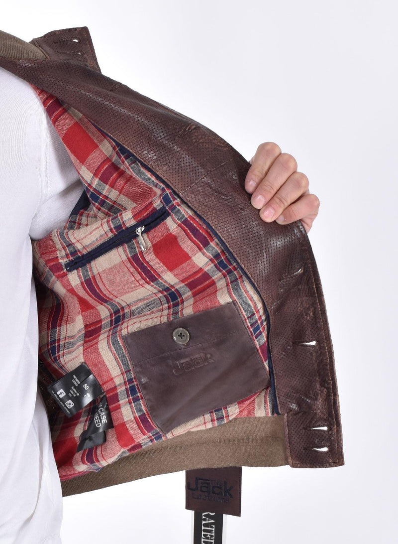 Giubbino Jack Leathers marrone forato pelle 